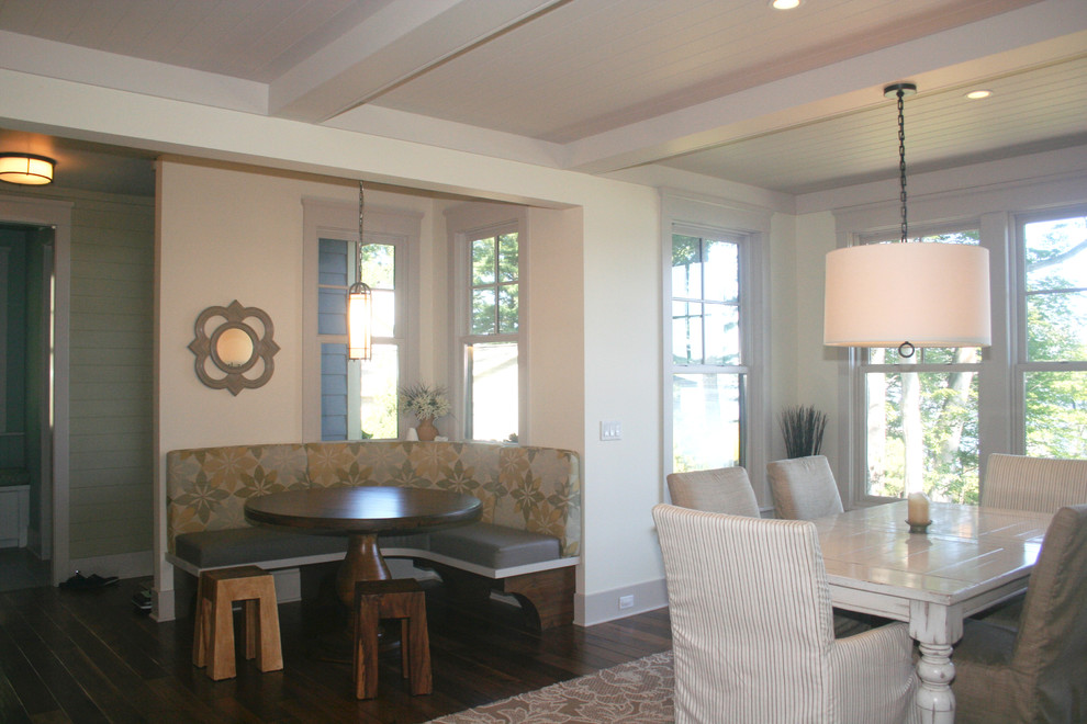 Photo of a transitional dining room in Grand Rapids with white walls and dark hardwood floors.