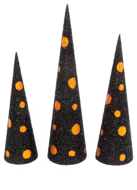 Set of 3 Black and Orange glitter Halloween cone trees.  Large is 24.5-in High