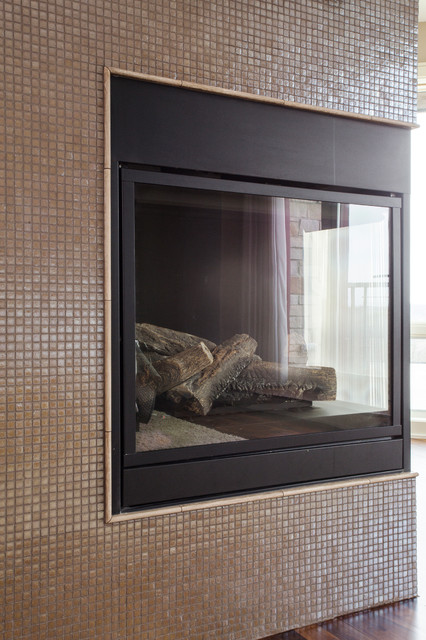 Mosaic Tile Corner Pre-Fabricated Fireplace in Master Suite nyklassisk-sovevaerelse