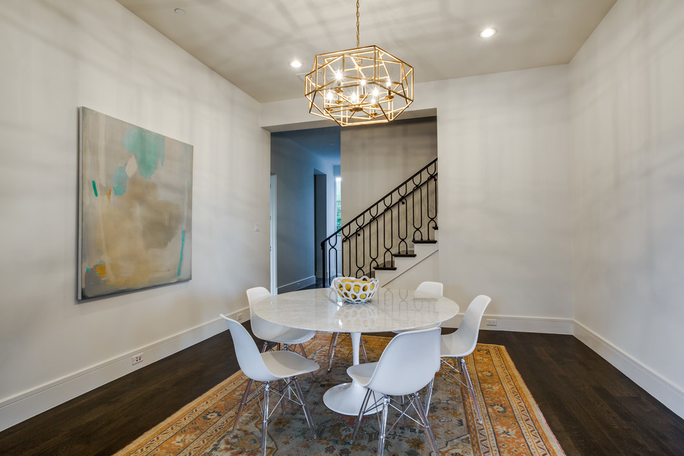 Mid-sized transitional dark wood floor enclosed dining room photo in Dallas with white walls and no fireplace