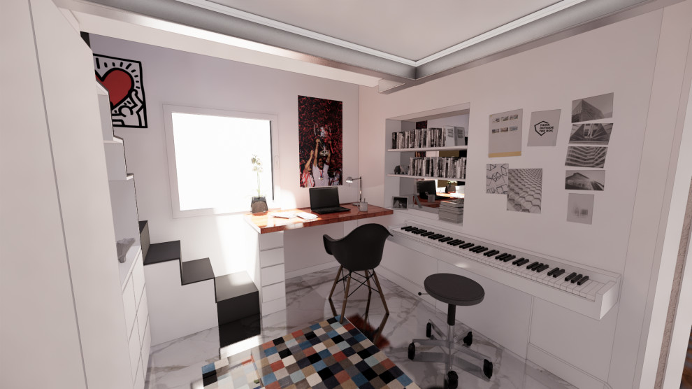 Kleines, Neutrales Modernes Jugendzimmer mit Schlafplatz, Marmorboden und Tapetenwänden in Mailand