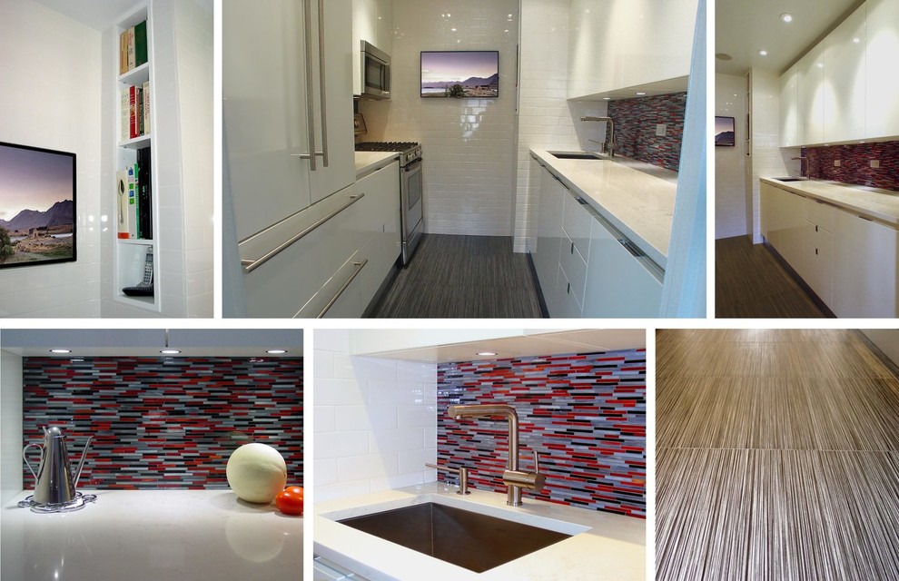 This is an example of a mid-sized contemporary galley separate kitchen in New York with an undermount sink, flat-panel cabinets, white cabinets, marble benchtops, red splashback, glass tile splashback, stainless steel appliances, ceramic floors, no island and black floor.