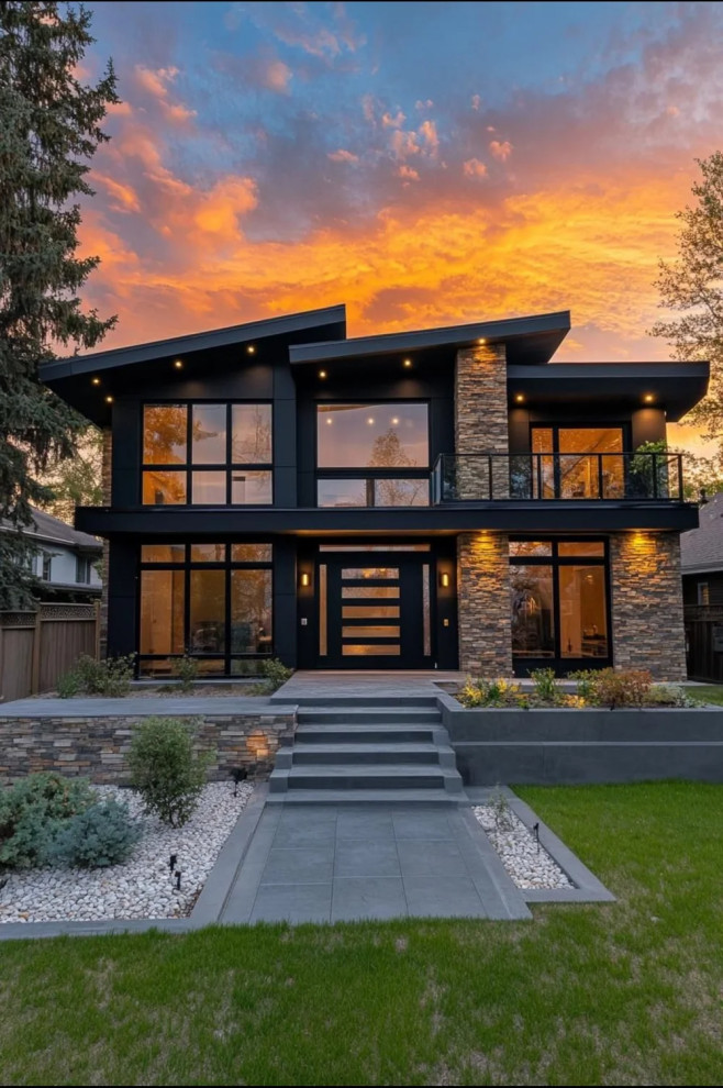 Inspiration for a large contemporary black two-story mixed siding house exterior remodel in Seattle with a mixed material roof and a black roof