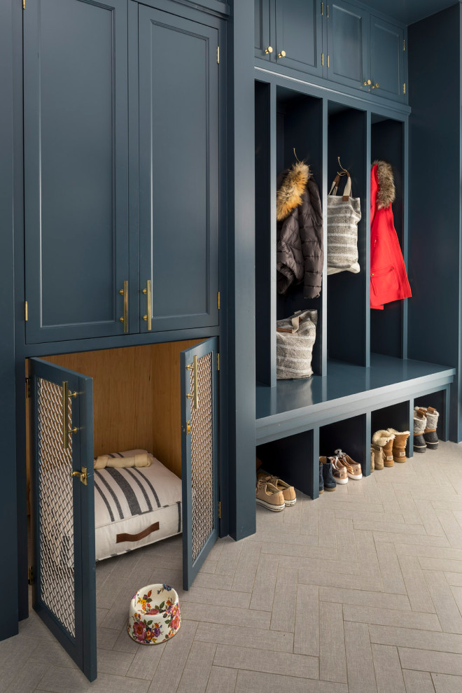 Example of a mid-sized transitional ceramic tile and gray floor mudroom design in Minneapolis with blue walls