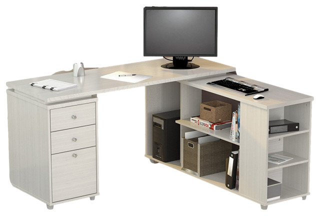 Homeroots White Finish 3 Drawer L Shape Computer Desk With Storage Transitional Desks And Hutches By Virventures Houzz Drawer L Shape Computer Desk, Flash Furniture Frosted Computer Desk With 3 Drawer Pedestal White