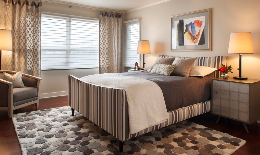 This is an example of a contemporary bedroom in Other with beige walls and dark hardwood floors.