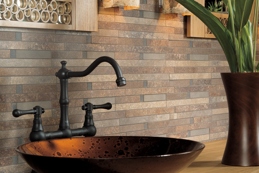 Example of a transitional beige tile bathroom design in Austin with beige walls and a vessel sink