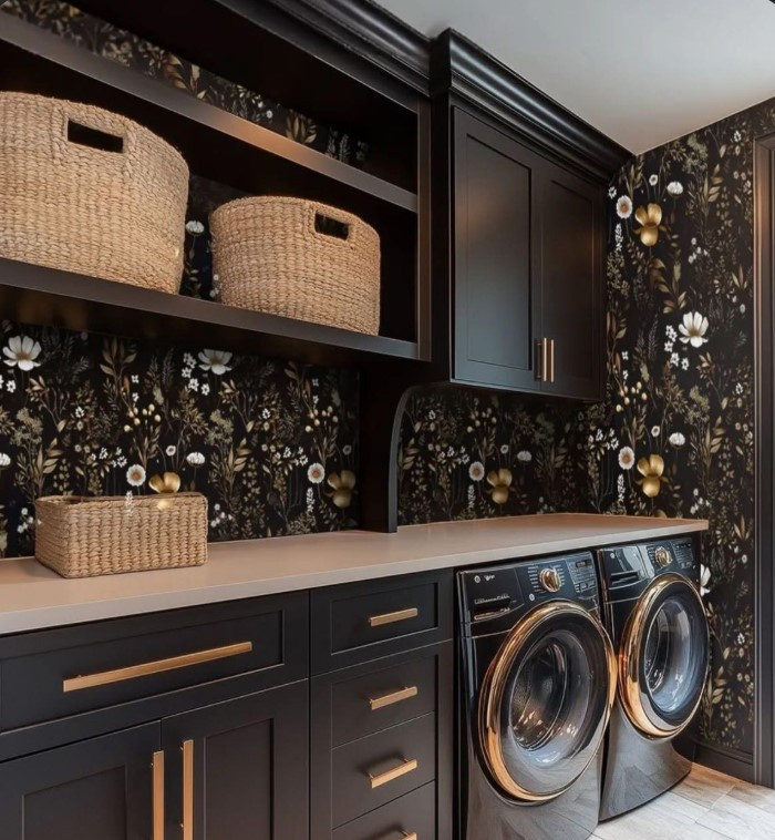 Example of a small cottage chic l-shaped porcelain tile, blue floor, wallpaper ceiling and wallpaper laundry closet design in Las Vegas with a farmhouse sink, glass-front cabinets, stainless steel cabinets, copper countertops, red backsplash, shiplap backsplash, black walls, a concealed washer/dryer and red countertops