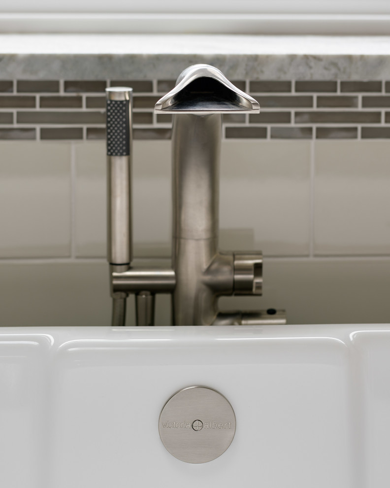 Example of a large transitional master yellow tile and ceramic tile travertine floor home design design in Seattle with an undermount sink, recessed-panel cabinets, medium tone wood cabinets, granite countertops and yellow walls