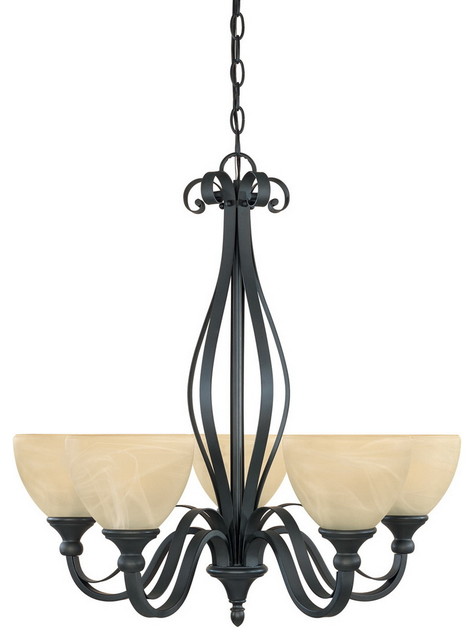 Burnished Bronze with Tea Stained Alabaster Glass 5 Light Chandelier