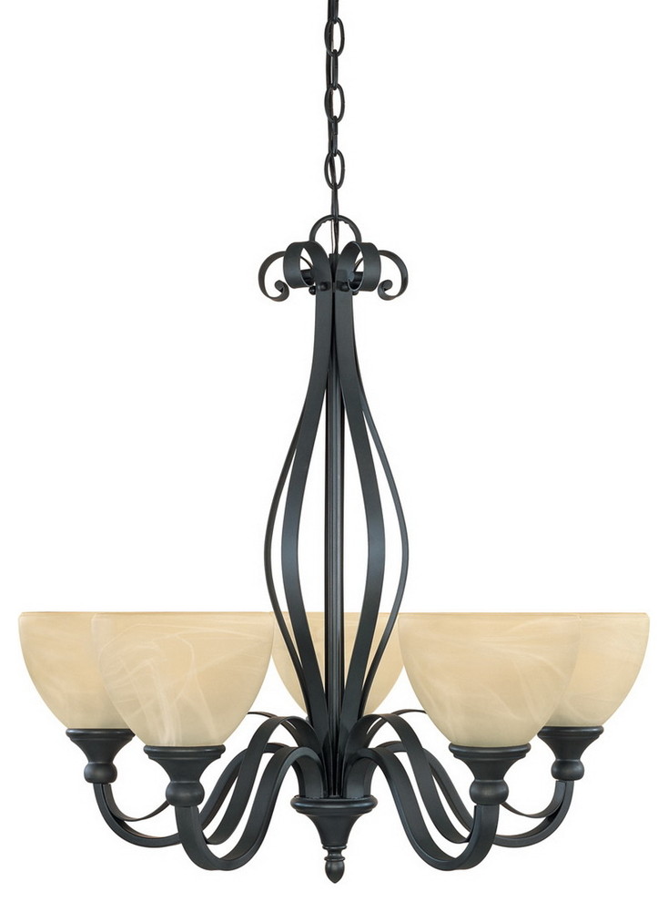 Burnished Bronze with Tea Stained Alabaster Glass 5 Light Chandelier