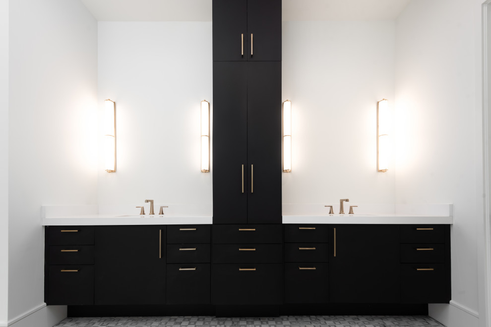 Inspiration for a mid-sized transitional master white tile and ceramic tile porcelain tile, white floor and double-sink freestanding bathtub remodel with flat-panel cabinets, black cabinets, a one-piece toilet, white walls, an undermount sink, quartz countertops, a hinged shower door, white countertops and a built-in vanity
