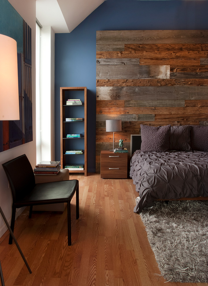 Inspiration for a contemporary bedroom in Philadelphia with blue walls and medium hardwood floors.