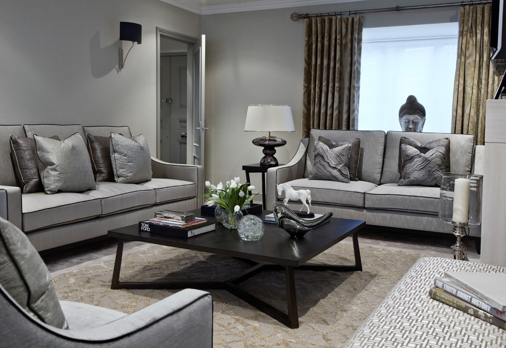 Design ideas for a contemporary living room in London with grey walls.