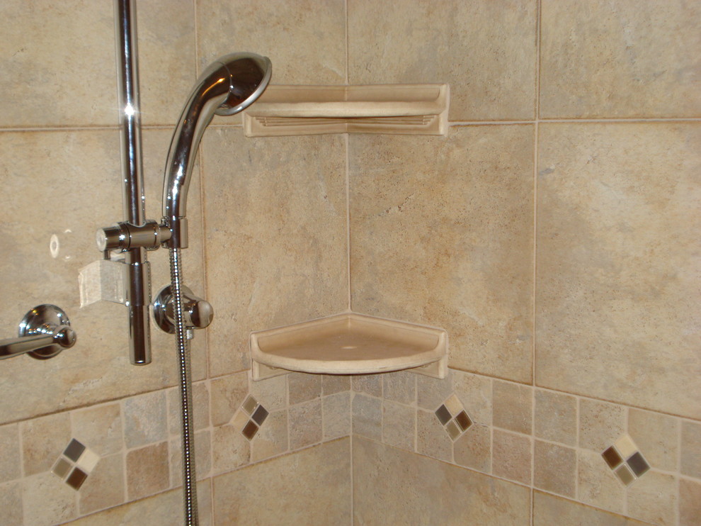 Inspiration for a mid-sized transitional ceramic tile ceramic tile alcove shower remodel