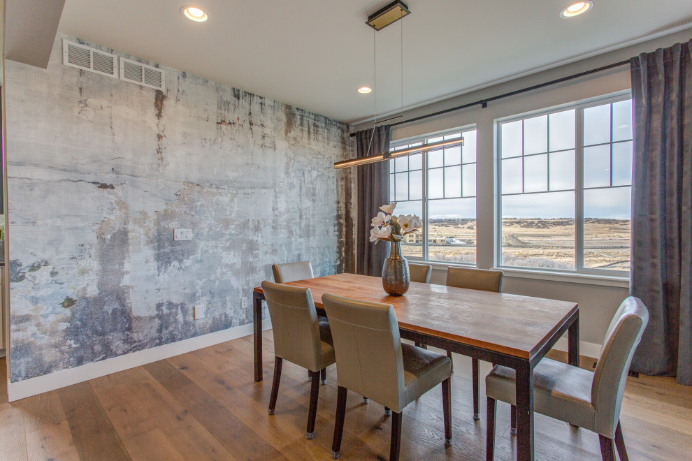 Kitchen - large transitional light wood floor kitchen idea in Denver with shaker cabinets, white cabinets, quartz countertops and an island