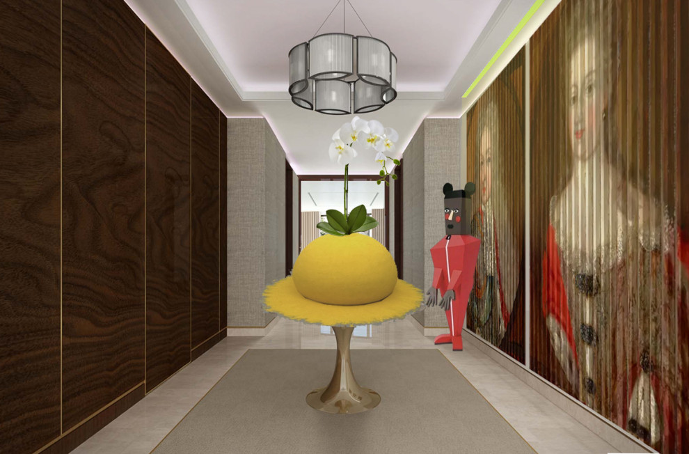 Photo of a large modern hallway in London with multi-coloured walls, porcelain floors, multi-coloured floor, coffered and wallpaper.