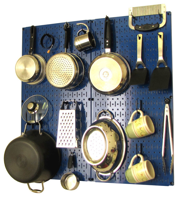 Kitchen Pegboard Organizer Pots and Pans, Blue Pegboard and Black Accessories