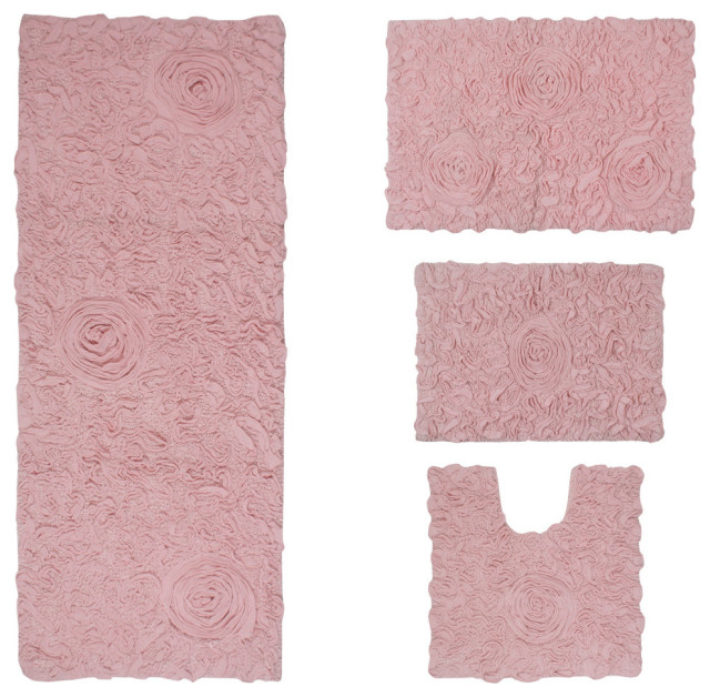 Bell Flower Collection Tufted Bath Rug, 4-Piece Set With Contour, Pink