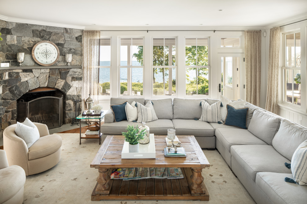Example of a beach style living room design in Providence