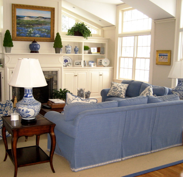 Blue And White Family Room Traditional Family Room