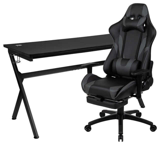 Desk and Gray Footrest Reclining Gaming Chair Set Contemporary