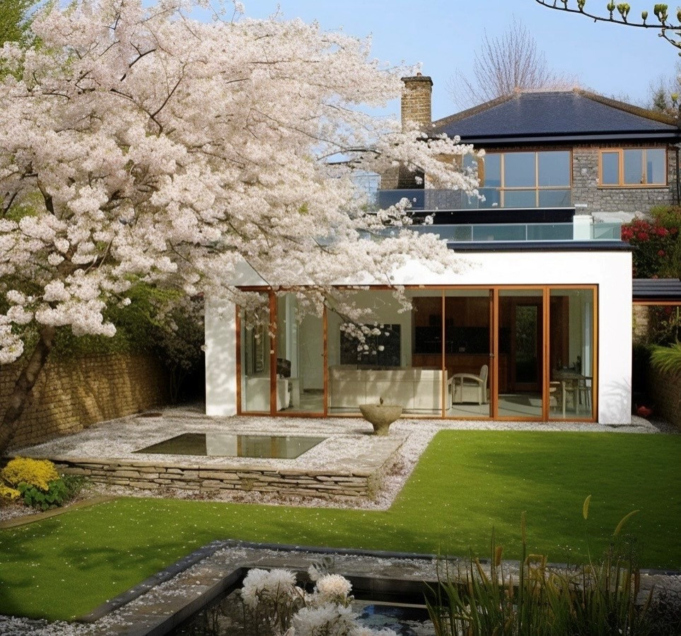 Diseño de fachada de casa contemporánea grande de dos plantas con revestimiento de estuco, tejado plano y techo verde