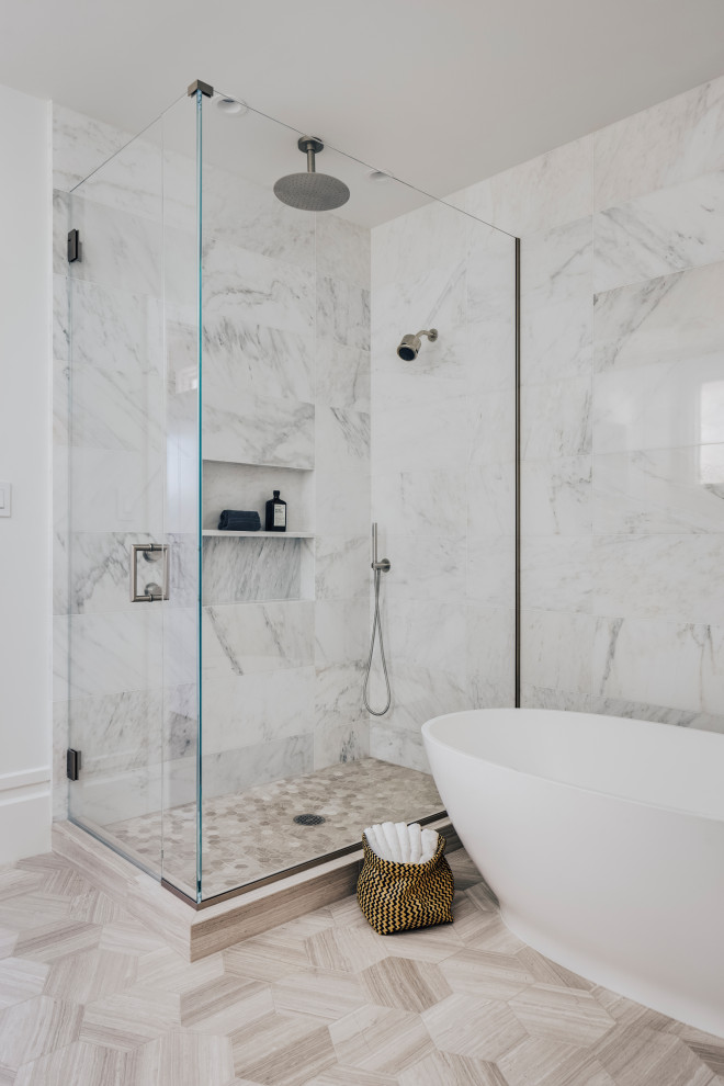 This is an example of a mid-sized contemporary 3/4 bathroom in San Francisco with a freestanding tub, a corner shower, white tile, white walls, ceramic floors, beige floor, a hinged shower door, white benchtops and a niche.