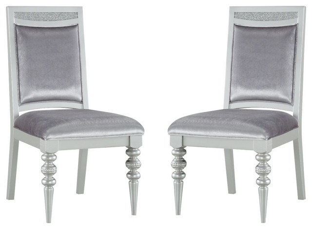 Set of 2 Upholstered Chair, Silver/Platinum Finish - Traditional ...