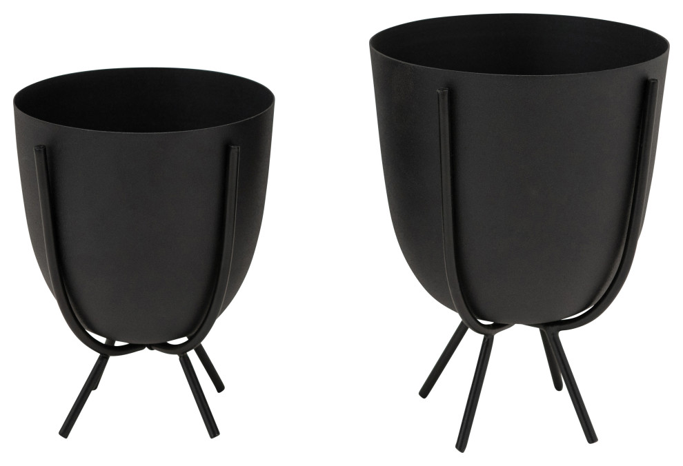 Black Metal Planter With Stand, 2Piece Set Midcentury Indoor Pots