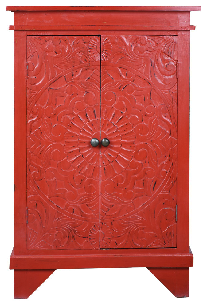 Carved Accent Distressed Antique Red Solid Wood Fully