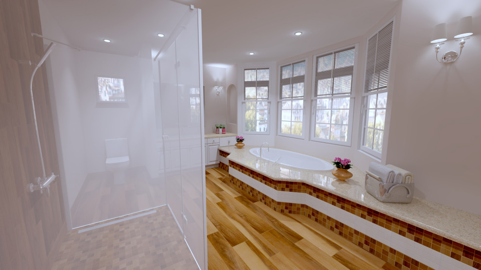 This is an example of a large modern master bathroom in Toronto with white cabinets, a drop-in tub, a curbless shower, a one-piece toilet, brown tile, wood-look tile, wood-look tile, marble benchtops, brown floor, a hinged shower door, beige benchtops, a single vanity and a freestanding vanity.