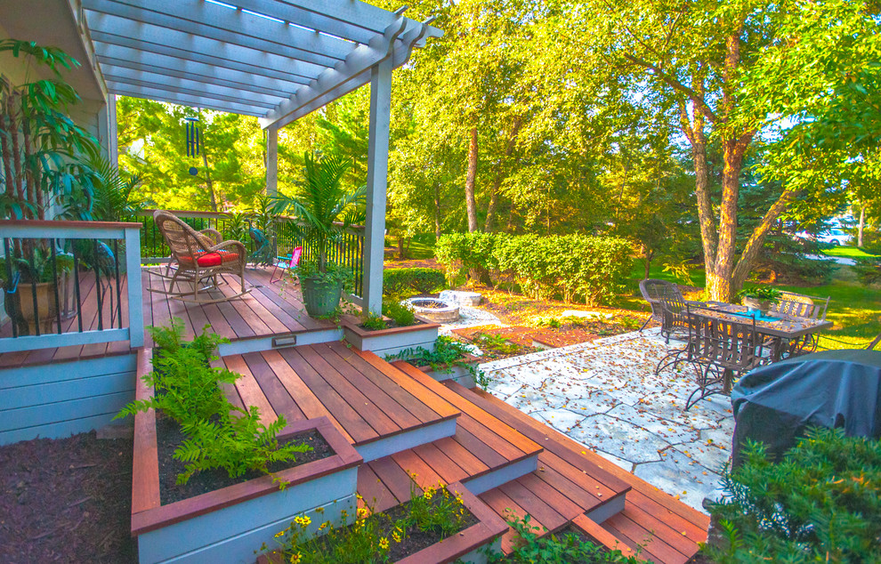 Large transitional backyard patio in Columbus with a fire feature, a pergola and decking.