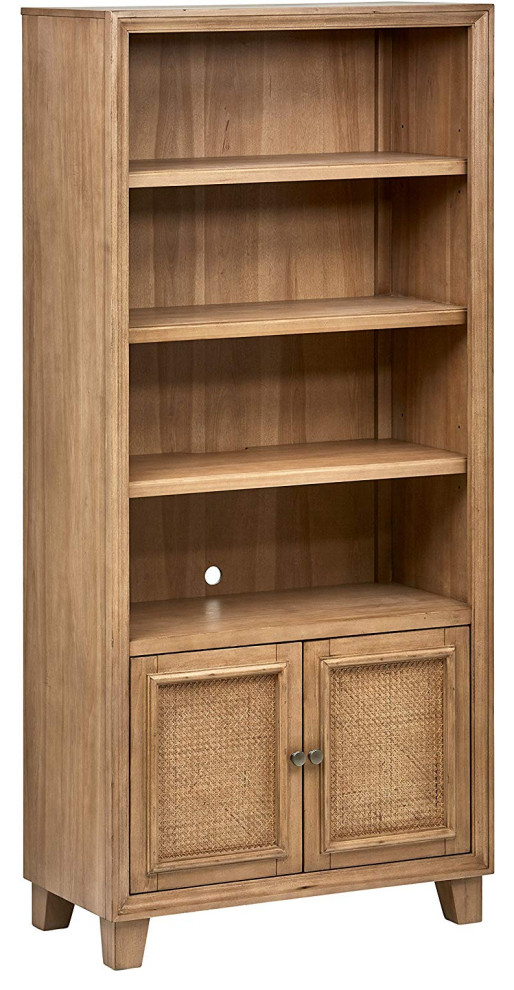 Transitional Bookcase, Poplar and Rubberwood With Rattan Doors