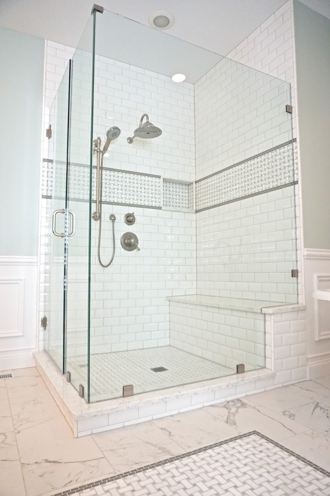 Inspiration for a large traditional master bathroom in St Louis with an undermount sink, beaded inset cabinets, dark wood cabinets, quartzite benchtops, a freestanding tub, a corner shower, white tile, subway tile, green walls and porcelain floors.