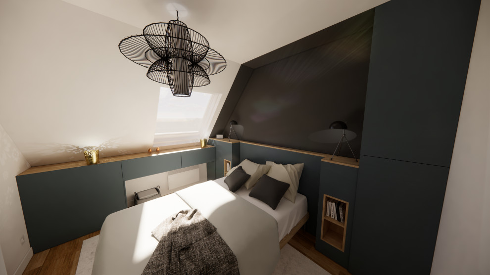 Cette photo montre une petite chambre scandinave avec un mur bleu, un sol en vinyl, aucune cheminée et un sol marron.