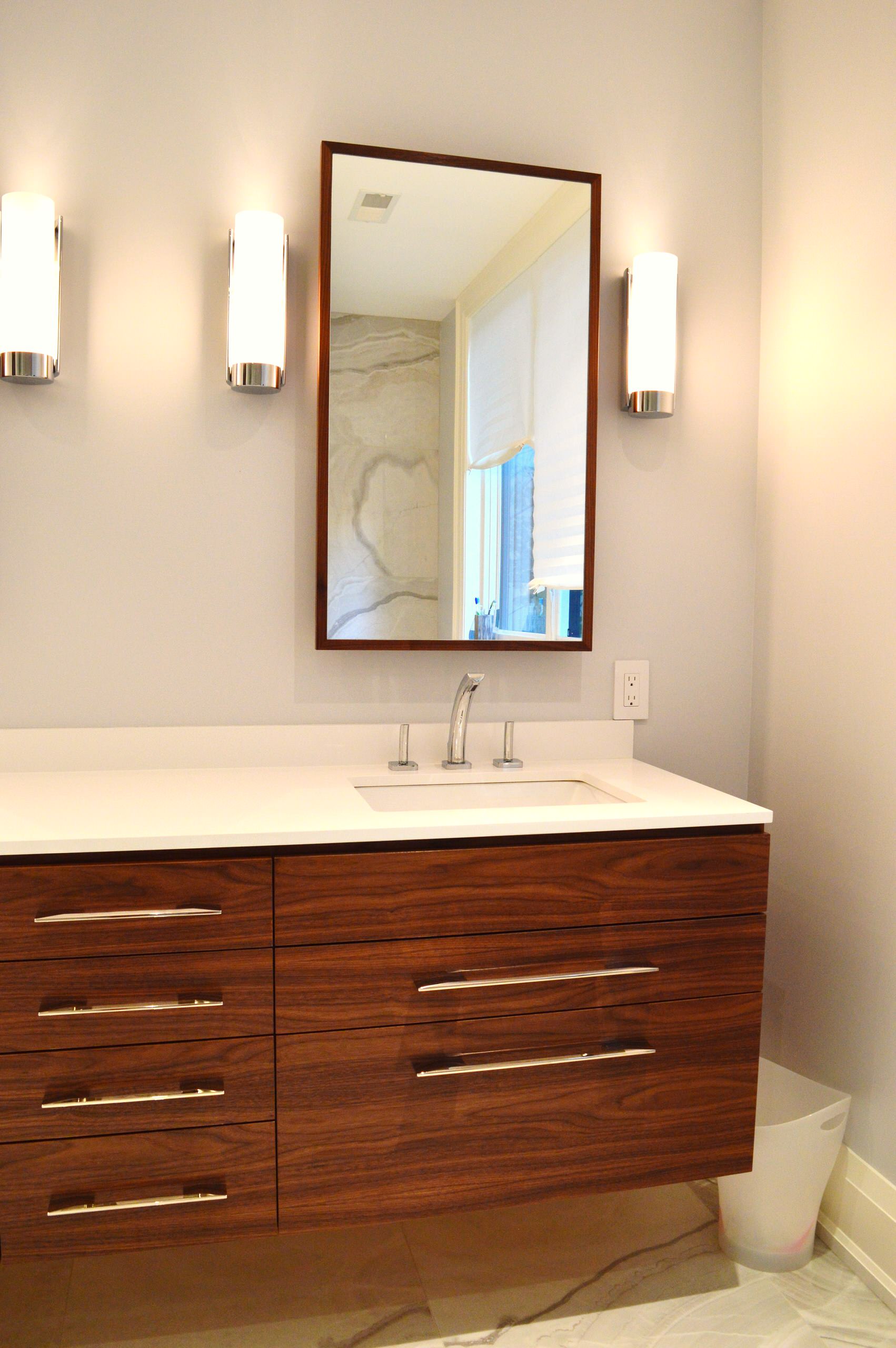 Walnut Floating Vanity and Matching Medicine Cabinets
