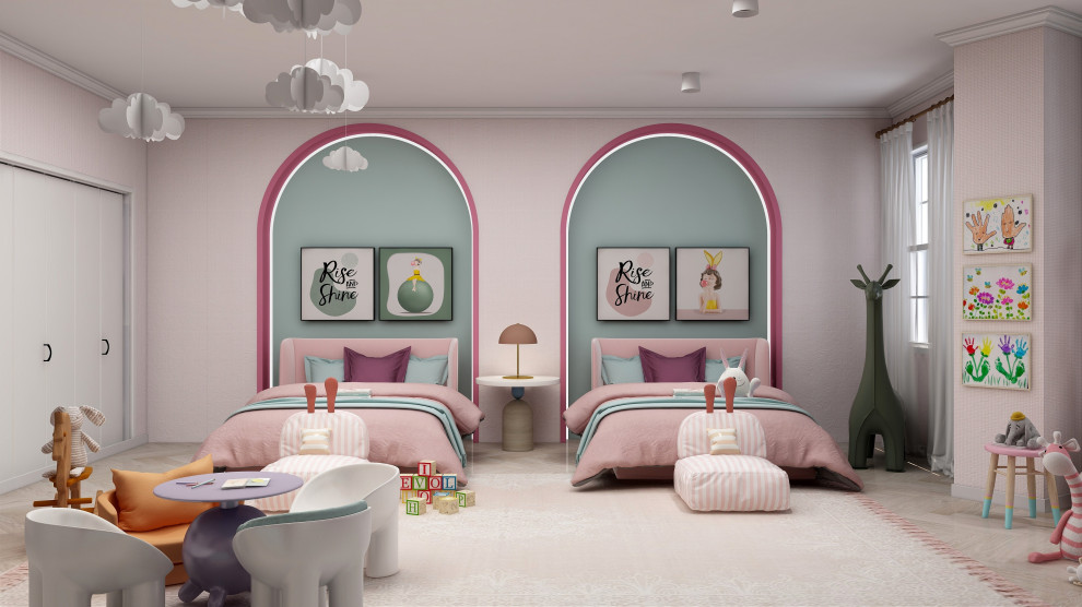 Example of a large minimalist girl light wood floor, beige floor, tray ceiling and wallpaper kids' room design in New York with pink walls