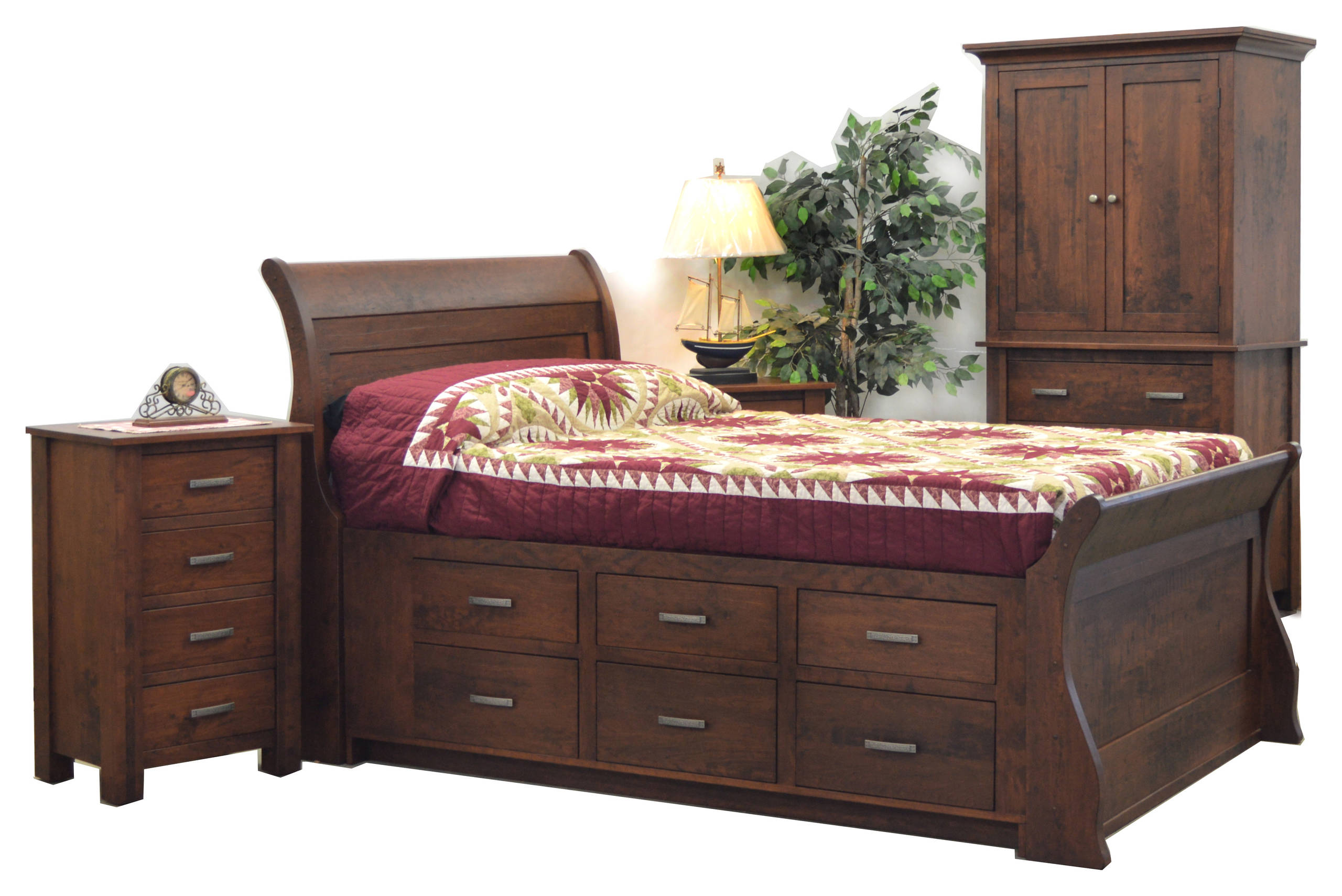 hand planed cherry sleigh bed with drawer platform