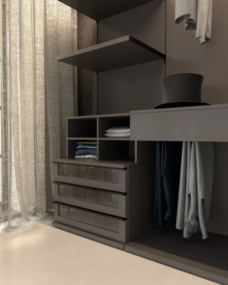 Mid-sized modern gender-neutral walk-in wardrobe in New York with open cabinets, black cabinets, carpet and beige floor.