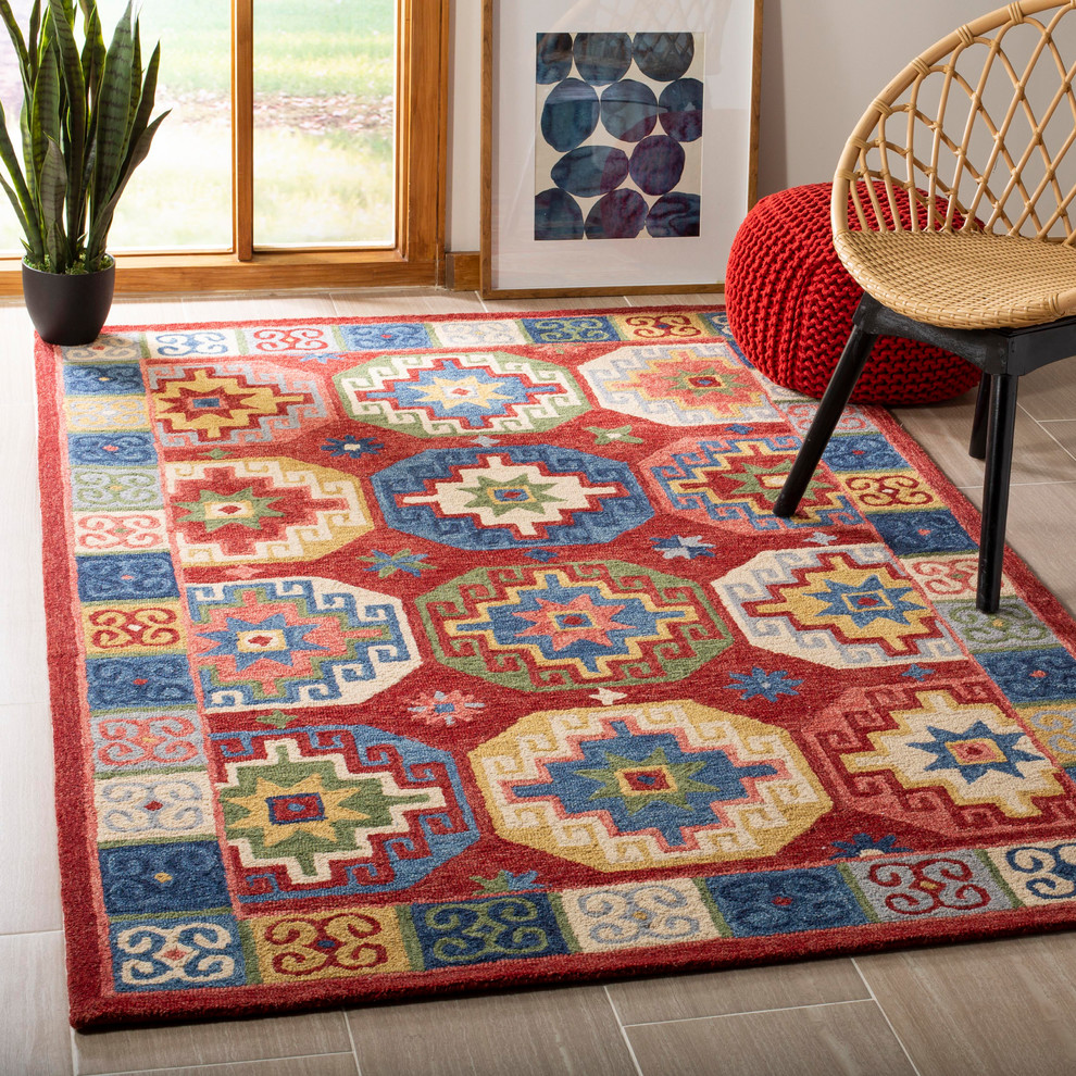 Blue Safavieh Aspen Collection APN503A Handmade Boho Wool Area Rug 5' x 8' Red 