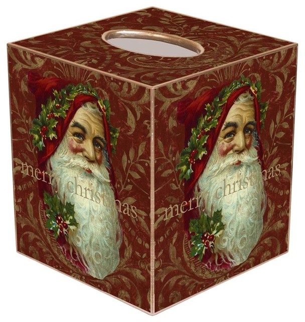 TB388 Santa Face on Red Damask Tissue Box Cover Traditional Tissue