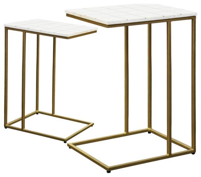 2 Pack Transitional Nesting Table, CShaped Design With Golden Frame, White Top Transitional