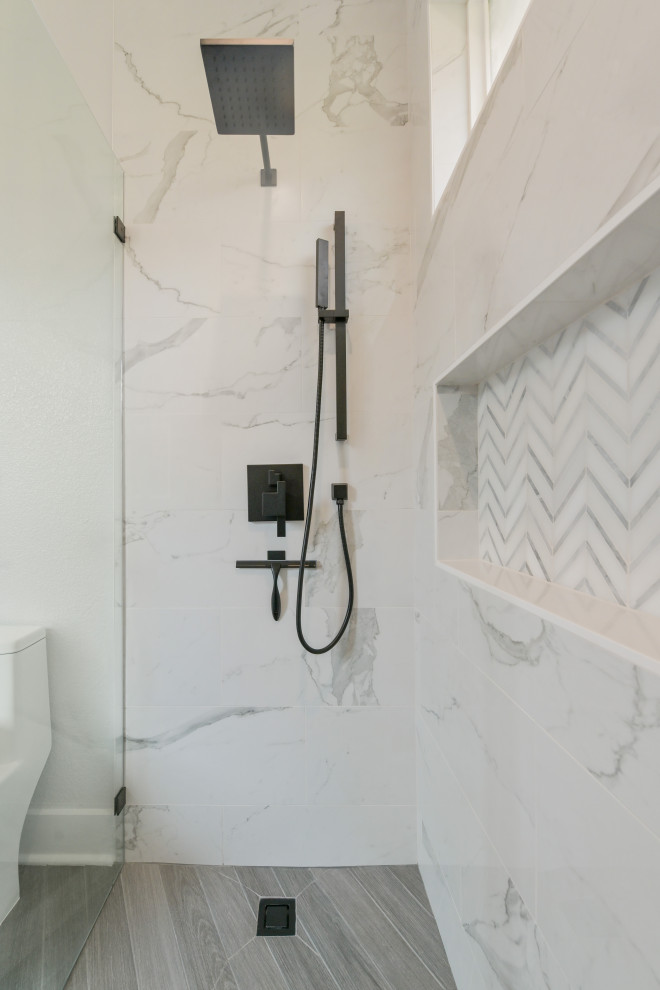 Bathroom - small modern 3/4 gray tile and marble tile ceramic tile and gray floor bathroom idea in San Francisco with white walls and a hinged shower door