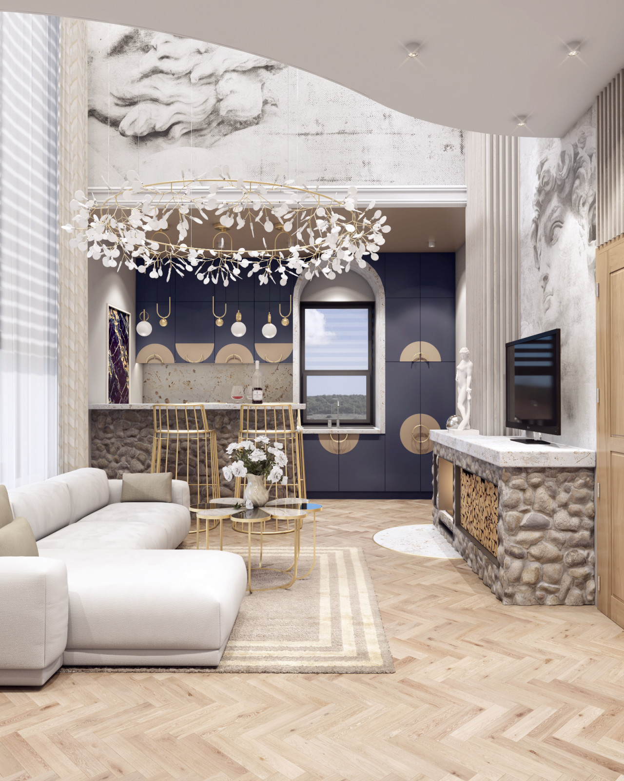 Дизайн проект гостиной с кухней в загородном доме