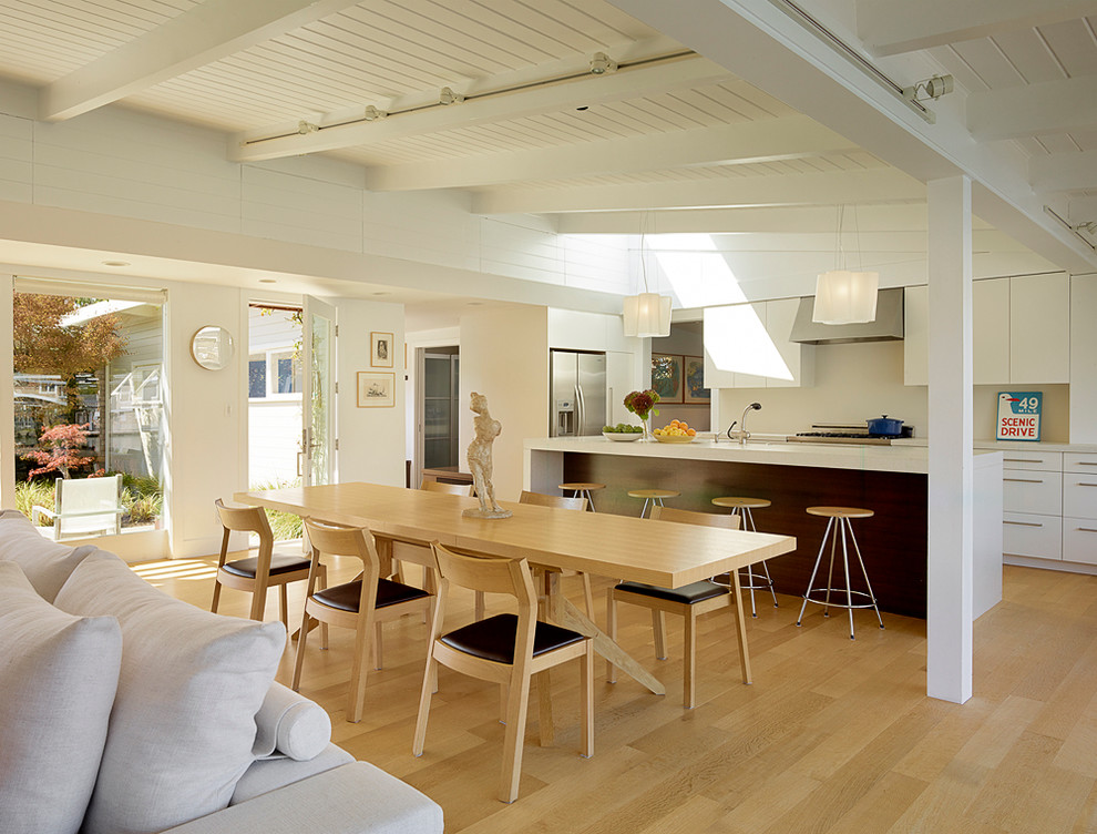 Photo of a small midcentury open plan dining in San Francisco with light hardwood floors, white walls, no fireplace and beige floor.