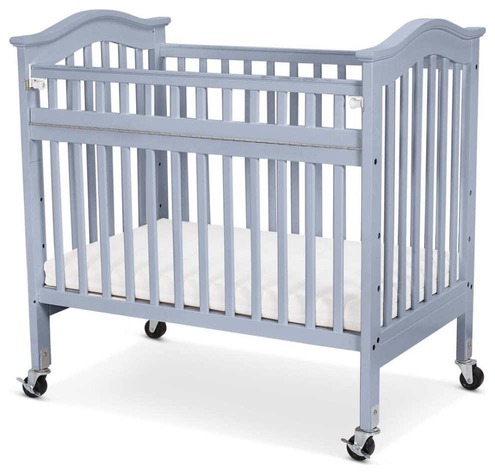 Benzara Slatted Wood and Metal Crib with Casters and Safety Gate, Gray
