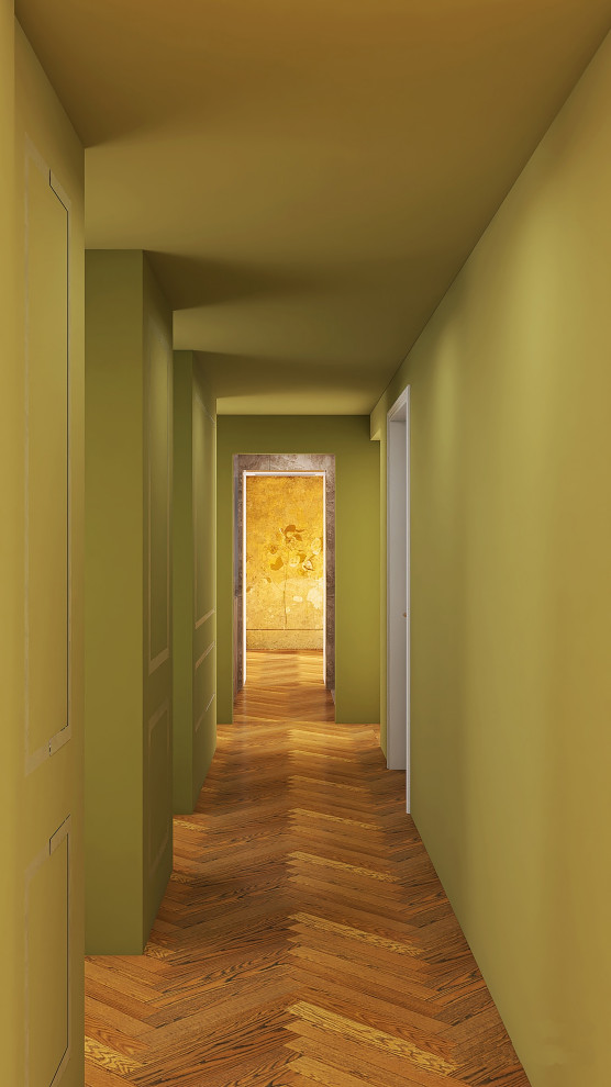 Ejemplo de recibidores y pasillos eclécticos con paredes verdes, suelo de madera en tonos medios y boiserie
