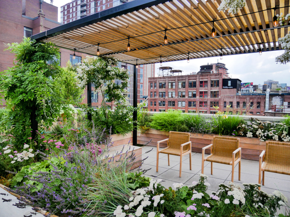 Foto de terraza minimalista grande en azotea con cocina exterior, pérgola y barandilla de varios materiales