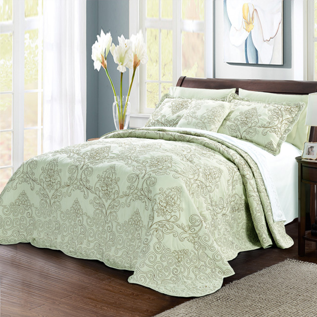 Damask Embroidered Quilted 4 Piece Bed Spread Sets, Queen ...